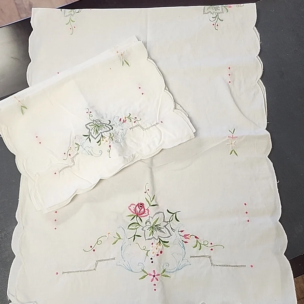 Vintage Handmade Embroidered Tea Towels & Matching Table Runner
